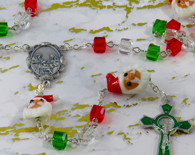 Santa Claus Rosary - Red, Green & Clear 8mm Glass Beads - Santa Claus Lampglass Beads - Holy Family Nativity Center - Green Enamel Crucifix