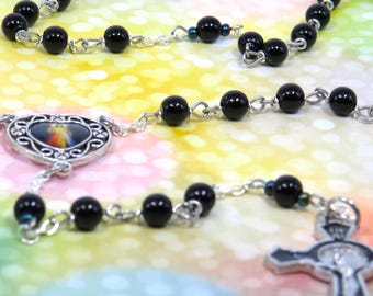 Mood Bead Color Changing  Rosary - Thermo-Sensitive Liquid Crystal Color Changing Beads - Divine Mercy Center-Benedict Black Enamel Crucifix