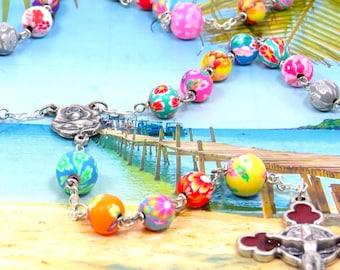 Hawaiian Flower Garden Rosary - Multi Color Hawaiian Flower Polymer Clay Beads -Italian Rose & Mary Center -Italian Rose Red Enamel Crucifix