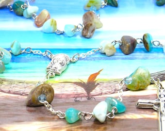 Rare Peruvian Blue Opal Rosary - Semi Precious Blue Peruvian Opal Nugget Beads - Italian Madonna and Child Center - Italian Inlaid Crucifix