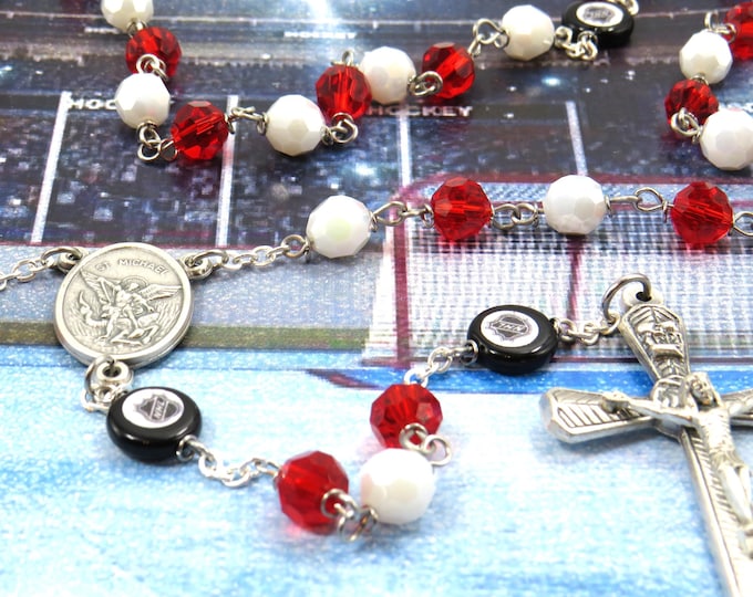 Hockey Rosary - Czech 8mm Red and White Beads - Czech Hockey Pucks - Italian Silver Saint Michael Center - Italian Crown of Thorns Crucifix