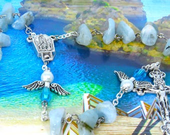 Aquamarine Angel Rosary - Semi Precious Aquamarine Nugget Beads - Angel Beads - Italian Fatima Center- Italian Silver Eucharistic Crucifix