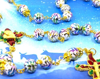 Christmas Poinsettia Rosary - Red, Green and White Metallic Glass Beads -Rhinestone Father Beads-Gold Christmas Poinsettia Center & Crucifix