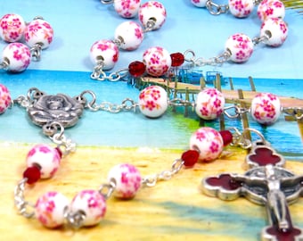 White & Pink Flower Rosary - White and Pink Flower Ceramic Beads - Italian Silver Rose and Mary Center - Italian Silver Flower Crucifix