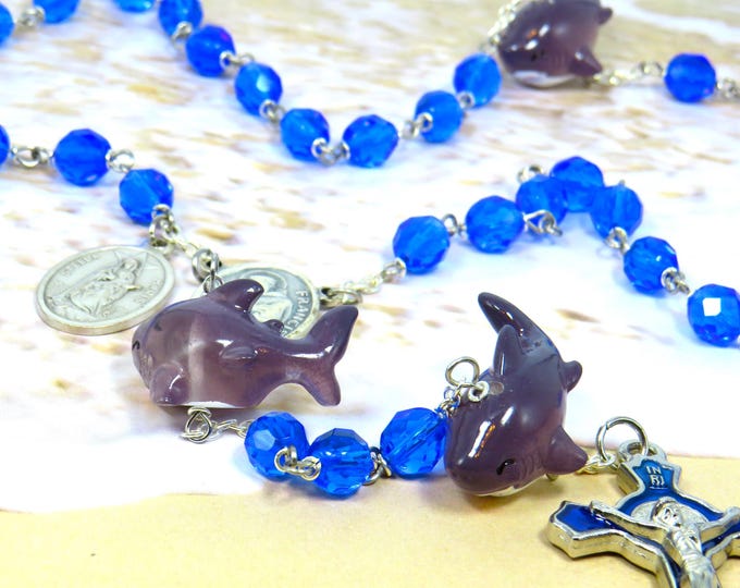Shark Rosary - Czech Ocean Blue Glass Beads - Shark Father Resin Beads - Italian Sts Francis/Anthony Center - Italian Blue Enamel Crucifix