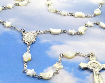 Celestial Mother of Pearl Rosary - Mother of Pearl Star, Moon & Cloud Shaped Beads - Miraculous Mary Center - White St Benedict Crucifix