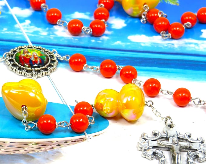 Yellow Ducky Rosary - Painted Acrylic Ducks - Orange Glass Beads - Colorful Stained Glass Look Sacred Heart Center - Italian Fancy Crucifix