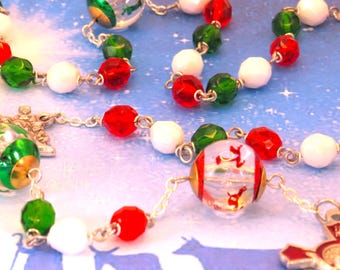 Christmas Rosary - Czech Green, Red & White Glass Beads - Christmas Bead Father Beads - Italian Holy Family Center - Red Enamel Crucifix