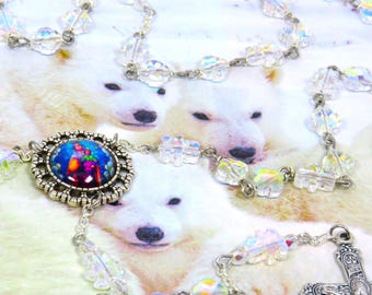 Teddy Bear Rosary - AB Crystal Teddy Bear Beads - Czech AB Clover Beads - Colorful OL of Mount Carmel Center -Italian Silver Ornate Crucifix