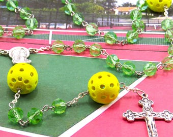 Pickleball Rosary - Czech 8mm Green Glass Beads - 3D Printed Pickleballs - Our Lady of Fatima Center - Italian Silver Eucharistic Crucifix