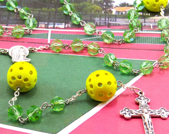Pickleball Rosary - Czech 8mm Green Glass Beads - 3D Printed Pickleballs - Our Lady of Fatima Center - Italian Silver Eucharistic Crucifix