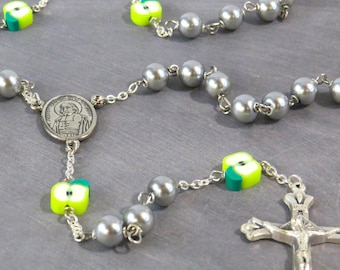 Teacher Rosary - Silver Glass Pearl Beads - Polymer Clay Apple Beads -St John Baptist De La Salle Center -Italian Fleur-de-Lis Fiat Crucifix