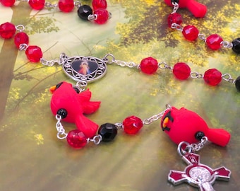 Red Cardinal Bird Rosary - Red Cardinal Silicone Beads - Czech Glass Red & Black Beads -Divine Mercy Center -St Benedict Red Enamel Crucifix
