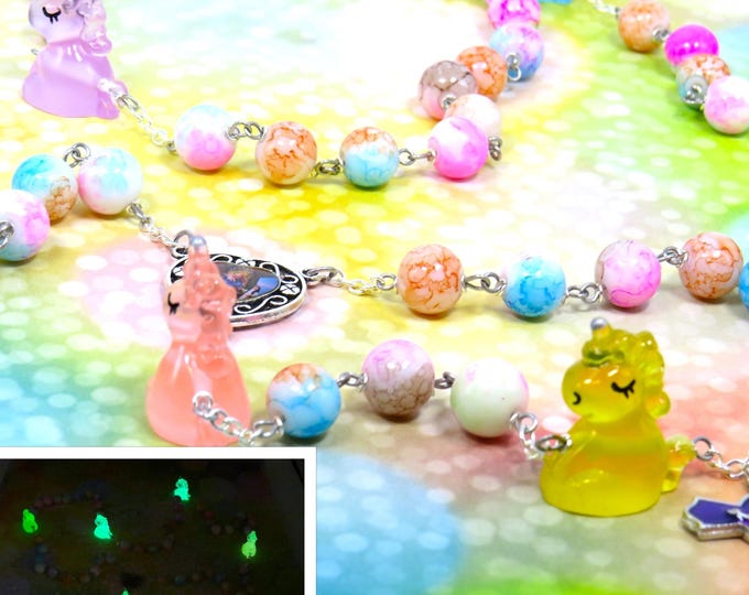 Unicorn Rosary - Multi-Color Glow in the Dark Unicorn Beads - Rainbow Glass Beads - Our Lady of the Rosary Center - Purple Enamel Crucifix