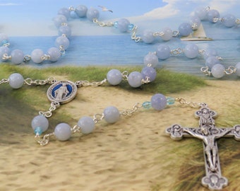 Aquamarine Rosary - Semi Precious Aquamarine 8mm Beads - Czech Accent Beads - Italian Miraculous Mary Center - Italian Eucaristic Crucifix