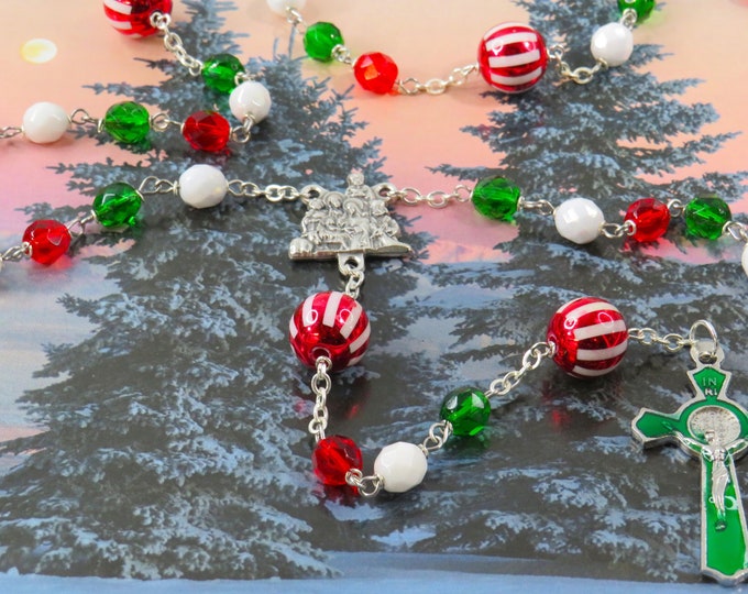 Christmas Rosary - Czech Green, Red & White Glass Beads - Christmas Bead Father Beads - Italian Nativity Center - Green Enamel Crucifix