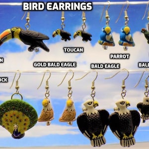 Bird Earrings - Toucan (2 Sizes) - Parrot (2 Styles)  - Peacock - Gold Bald Eagle - Bald Eagle (2 Sizes) - 9 Different to Choose From