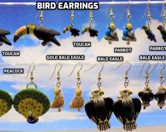 Bird Earrings - Toucan (2 Sizes) - Parrot (2 Styles)  - Peacock - Gold Bald Eagle - Bald Eagle (2 Sizes) - 9 Different to Choose From