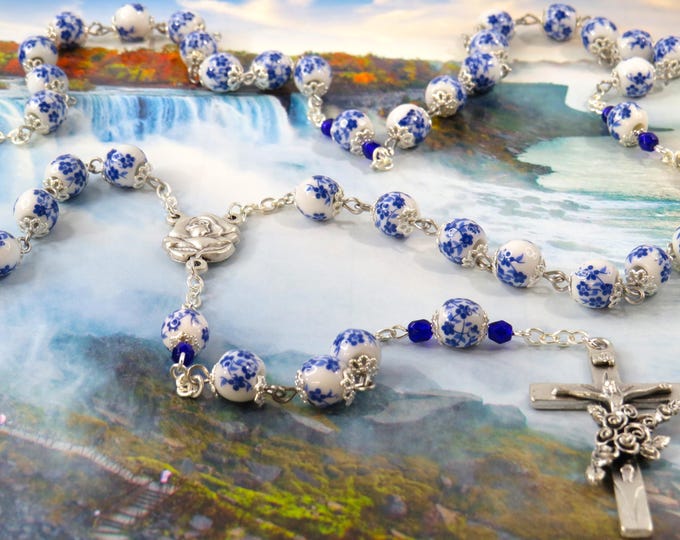 White & Blue Flower Rosary - White and Blue Flower Ceramic Beads - Metal Flower Caps - Italian Rose and Mary Center -Italian Flower Crucifix