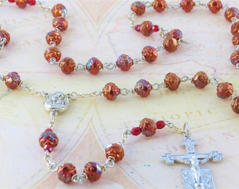 Czech Dark Red & Copper Rosebud Rosary - Czech Dark Red and Copper Rosebud Beads - Mary Center with Jerusalem Earth -Italian Angels Crucifix