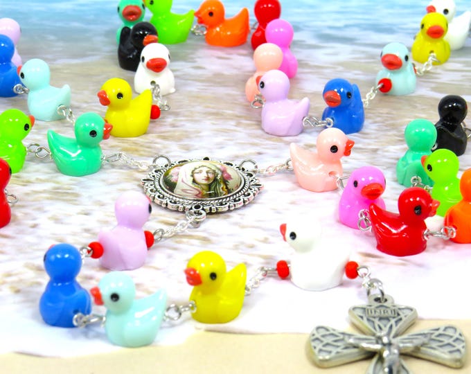 Ducky Rosary - Multi Color Opaque Hand-Painted Duck Beads - Colorful Glass Dome Virgin Most Pure Center - Italian Silver Waves Crucifix