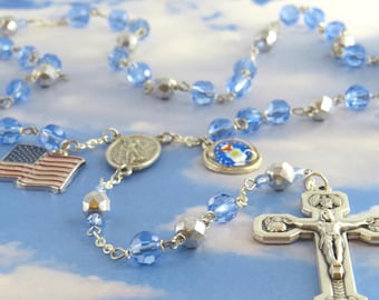 US Air Force Military Rosary - Czech Blue and Silver Crystal Beads -St Michael Center -US Air Force & Flag Charms -Italian Stations Crucifix