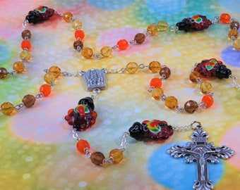 Thanksgiving Turkey Rosary - Glass Turkey Father Beads - Czech Amber & Orange 8mm Crystal Beads - Italian Fatima Center - Italian Crucifix