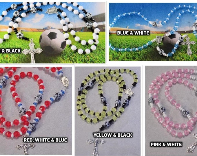 Soccer Sports Rosaries - Yellow and Black - White and Black - White and Blue - Red, White and Blue - Pink and White - Soccer Team Colors