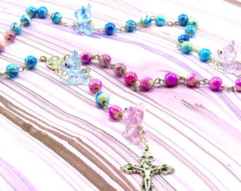 Purple & Blue Dog Rosary - Dog Resin Father Beads - Purple and Blue Swirl Glass Beads -Italian St Francis Center - Italian Filigree Crucifix