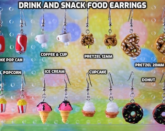 Drink and Snack Food Earrings - Coffee Cup - Pretzels (2 Sizes) - Popcorn - Ice Cream - Cupcake - Donut - 8 Different Choices