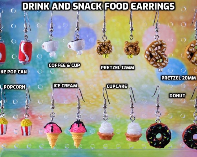 Drink and Snack Food Earrings - Coffee Cup - Pretzels (2 Sizes) - Popcorn - Ice Cream - Cupcake - Donut - 8 Different Choices