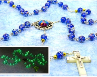 Royal Blue "Firefly Glow in the Dark" Rosary - Royal Blue Firefly Glow in The Dark Glass Beads -OL of Mount Carmel Center -Luminous Crucifix