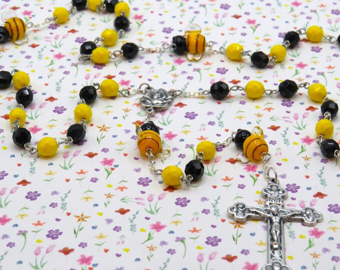 Bumble Bee Rosary - Czech Yellow & Black Opaque Beads - Lampglass Bumble Bee Beads - Italian Rose Center - Italian Eucharistic Crucifix