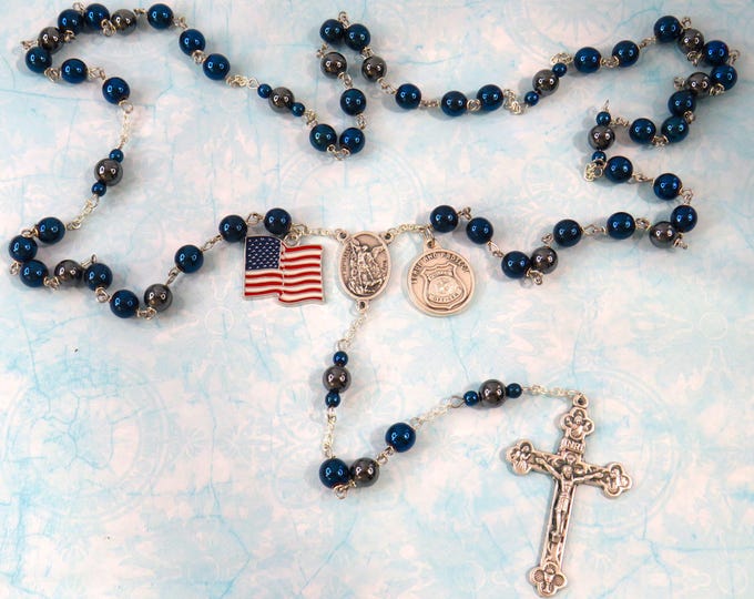 Police Officer Rosary - Blue & Black Hematite Gemstone Beads - Ital St Michael Center - Italian Eucharistic Crucifix - Flag and Police Charm