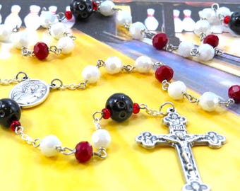 Bowling Ball Rosary - Czech White and Red Glass Beads - Ceramic Bowling Balls - Italian Saint Sebastian Center -Italian Eucharistic Crucifix