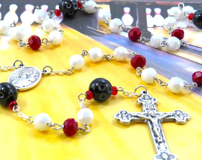 Bowling Ball Rosary - Czech White and Red Glass Beads - Ceramic Bowling Balls - Italian Saint Sebastian Center -Italian Eucharistic Crucifix
