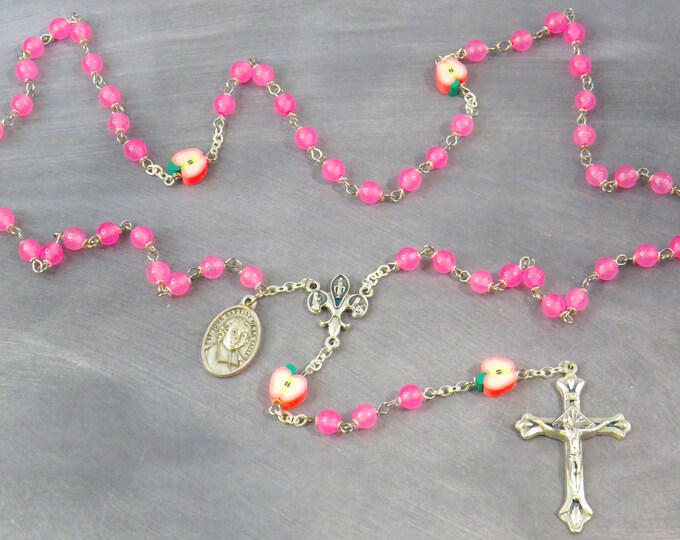 Teacher Rosary - Pink Candy Jade Gemstone Beads - Pink Apple Beads - Fleur-de-Lis Fiat Center - Sunburst Crucifix -St John De La Salle Medal