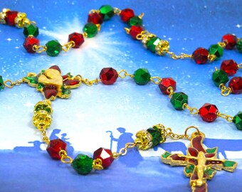 Christmas Poinsettia Rosary - Red and Green Coated Glass Beads -Rhinestone Accent -Gold Plated Pewter Christmas Poinsettia Center & Crucifix