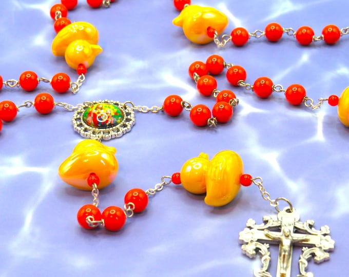 Yellow Ducky Rosary - Painted Acrylic Ducks - Orange Glass Beads - Colorful Stained Glass Look Sacred Heart Center - Italian Fancy Crucifix