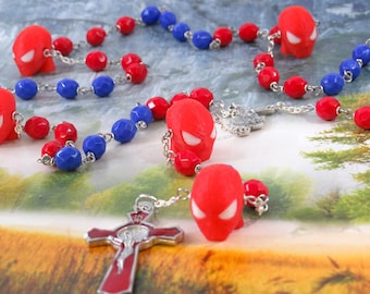 Spider-Man Rosary - Czech Red and Blue Opaque 8mm Crystal Beads  - 3D Spider-Man Father Beads - St Michael Center - St Benedict Red Crucifix