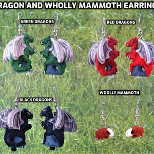 Dragon and Woolly Mammoth Earrings - Green Dragons - Red Dragons - Black Dragons  - Woolly Mammoth