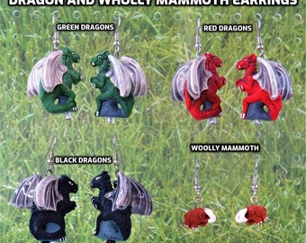 Dragon and Woolly Mammoth Earrings - Green Dragons - Red Dragons - Black Dragons  - Woolly Mammoth