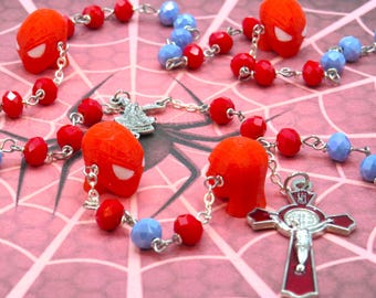 Spider-Man Rosary - Czech Red and Blue Opaque 8mm Crystal Beads  - 3D Spider-Man Father Beads - St Michael Center - St Benedict Red Crucifix
