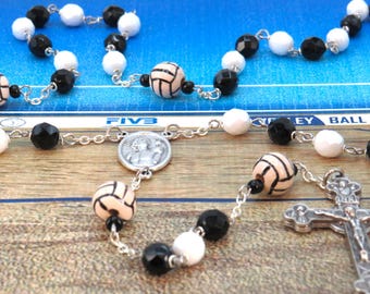 Volleyball Rosary - Czech Black and White Glass Beads - Ceramic Volleyballs - Italian St Sebastian Centers - Italian Eucharistic Crucifix