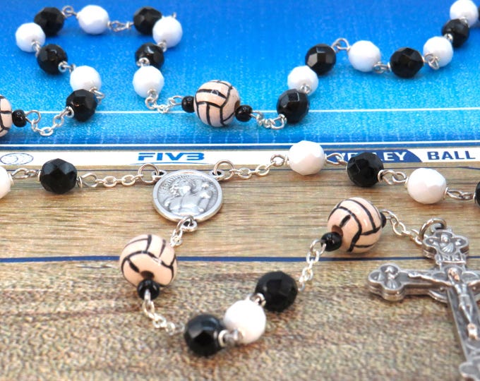 Volleyball Rosary - Czech Black and White Glass Beads - Ceramic Volleyballs - Italian St Sebastian Centers - Italian Eucharistic Crucifix