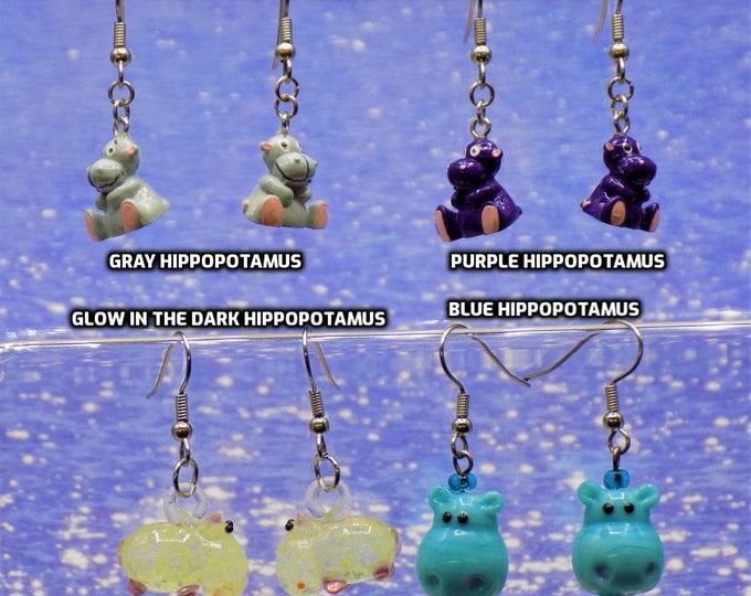 Hippopotamus Earrings - Grey - Purple - Glow in the Dark - Blue Head - 4 Different Styles to Choose From