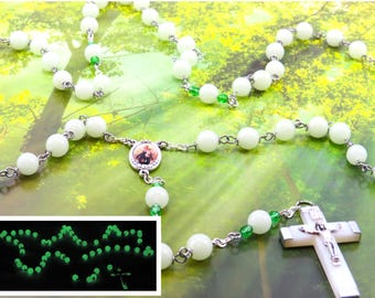 Luminous Solar Stone Green Glow in the Dark Rosary - Stone Green Glow in the Dark 8mm Beads -Colorful Our Lady Center-Luminous Glow Crucifix