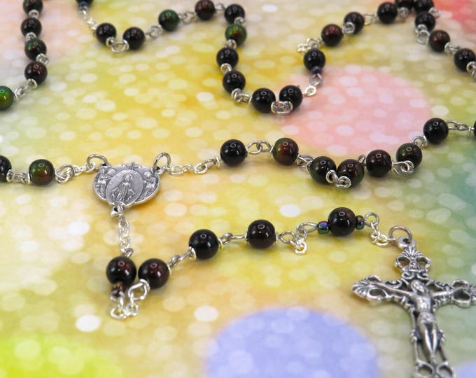 Color Changing Mood Rosary - Thermo-Sensitive Liquid Crystal Color Changing Beads -Italian Miraculous Mary Center- Italian Filigree Crucifix