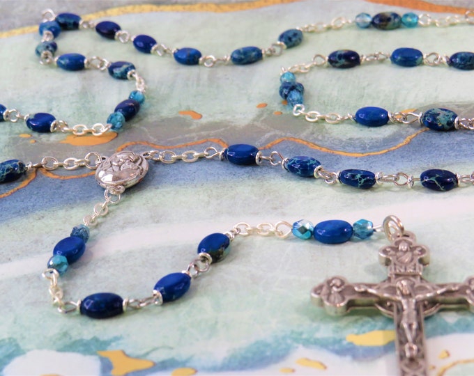 Blue Sea Jasper Rosary - Apatite Blue Sea Sediment Imperial Jasper Gemstone Beads - Mary & Child Center With Holy Earth-Eucharistic Crucifix