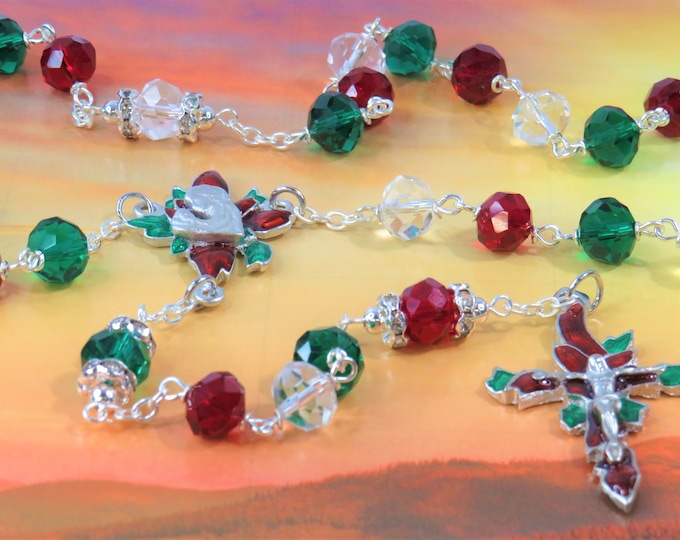 Christmas Poinsettia Rosary - Red, Green and Clear Fancy Faceted Glass Beads - Austrian Rhinestones - Christmas Poinsettia Center & Crucifix